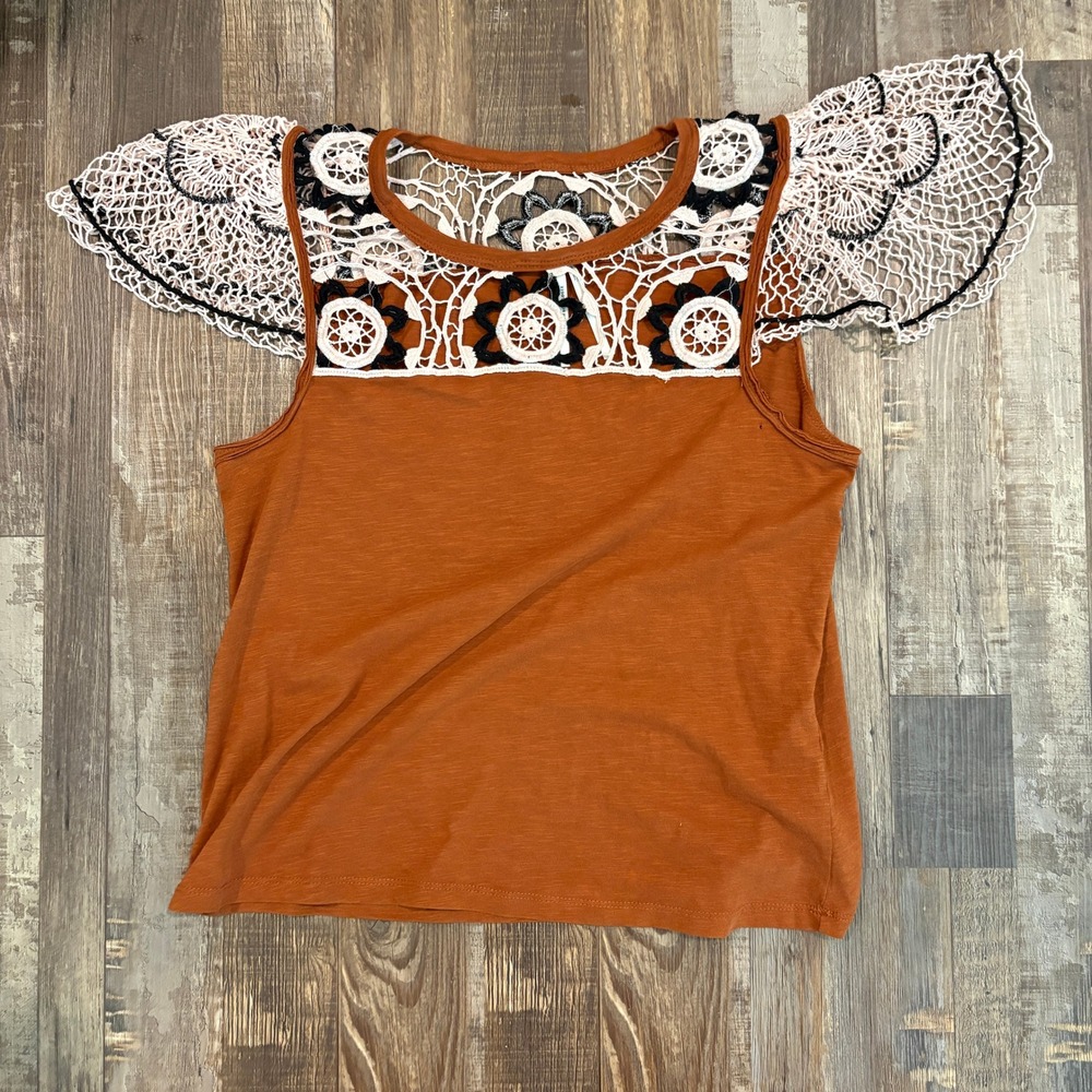 Anthropologie Womens Crochet Lace Flutter Sleeve Top Cotton Burnt Orange Medium - Picture 10 of 15